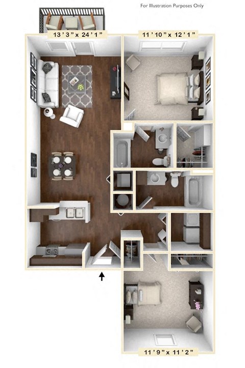 Floor plan for 2 beds, 2 baths, 999 sqft